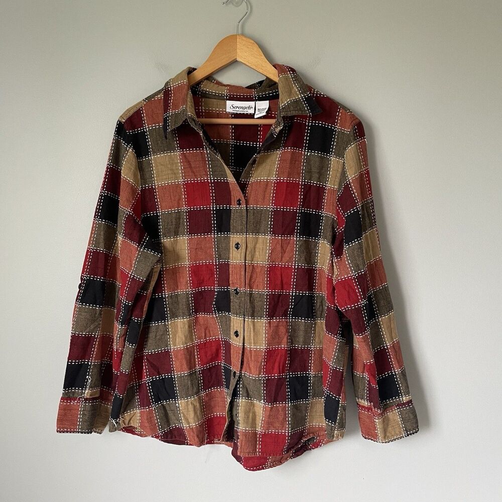 Serengeti Vintage Plaid Embroidered Button Down Shirt Top 100% Cotton Size XL